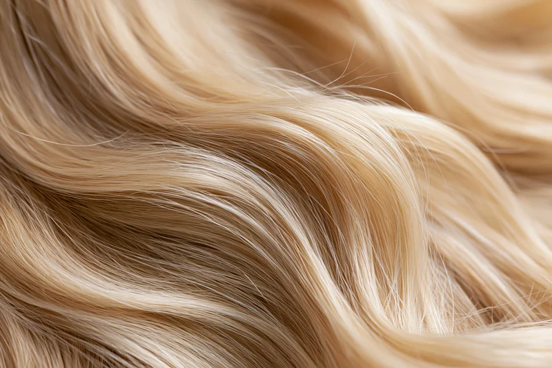 Close-up of wavy blonde human hair with smooth texture and natural shine