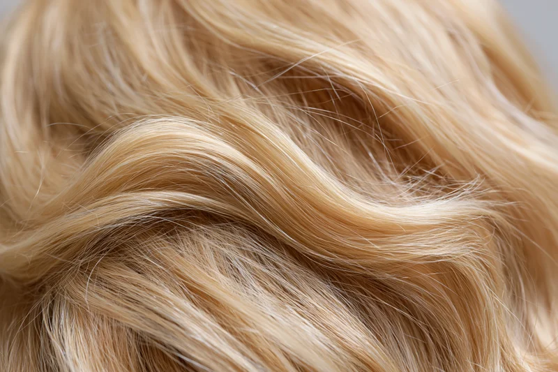 Close-up of wavy blonde human hair with natural texture and shine
