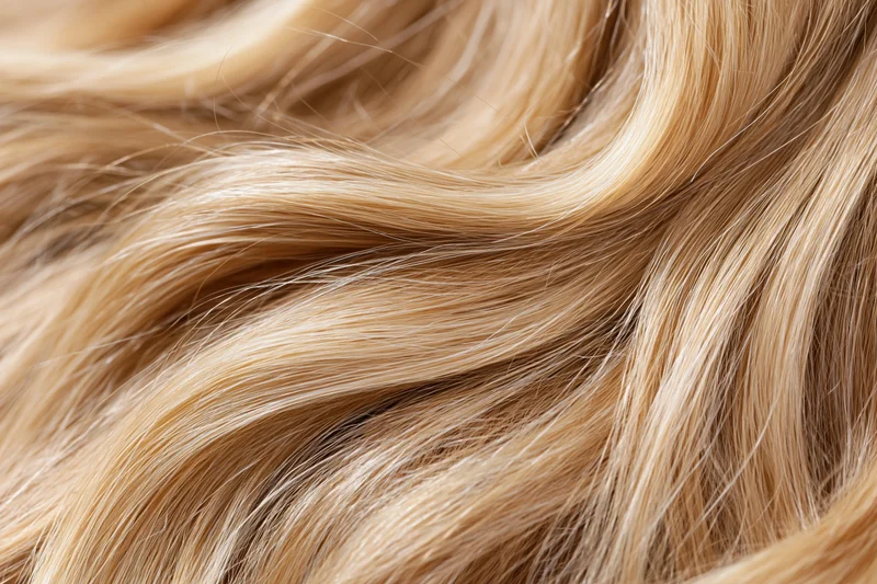 Close-up of wavy blonde human hair strands filling the frame