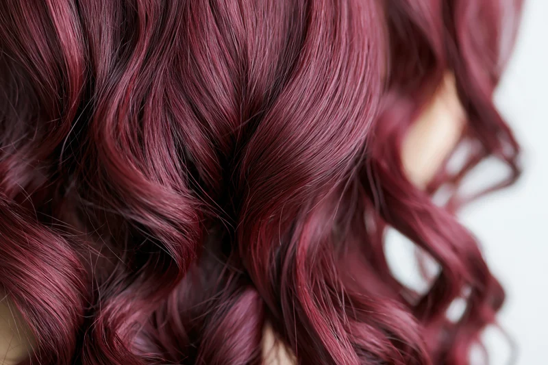 Close-up of wavy burgundy-red hair with glossy texture filling the frame