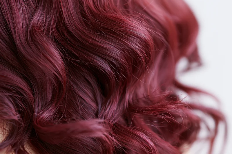 Close-up of wavy burgundy-red hair strands against white background
