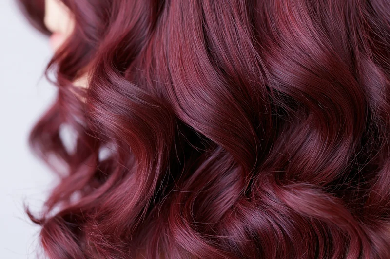 Close-up of wavy burgundy-red hair on a woman's head