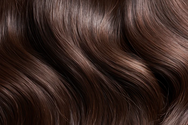 Close-up of wavy dark brown human hair filling the frame