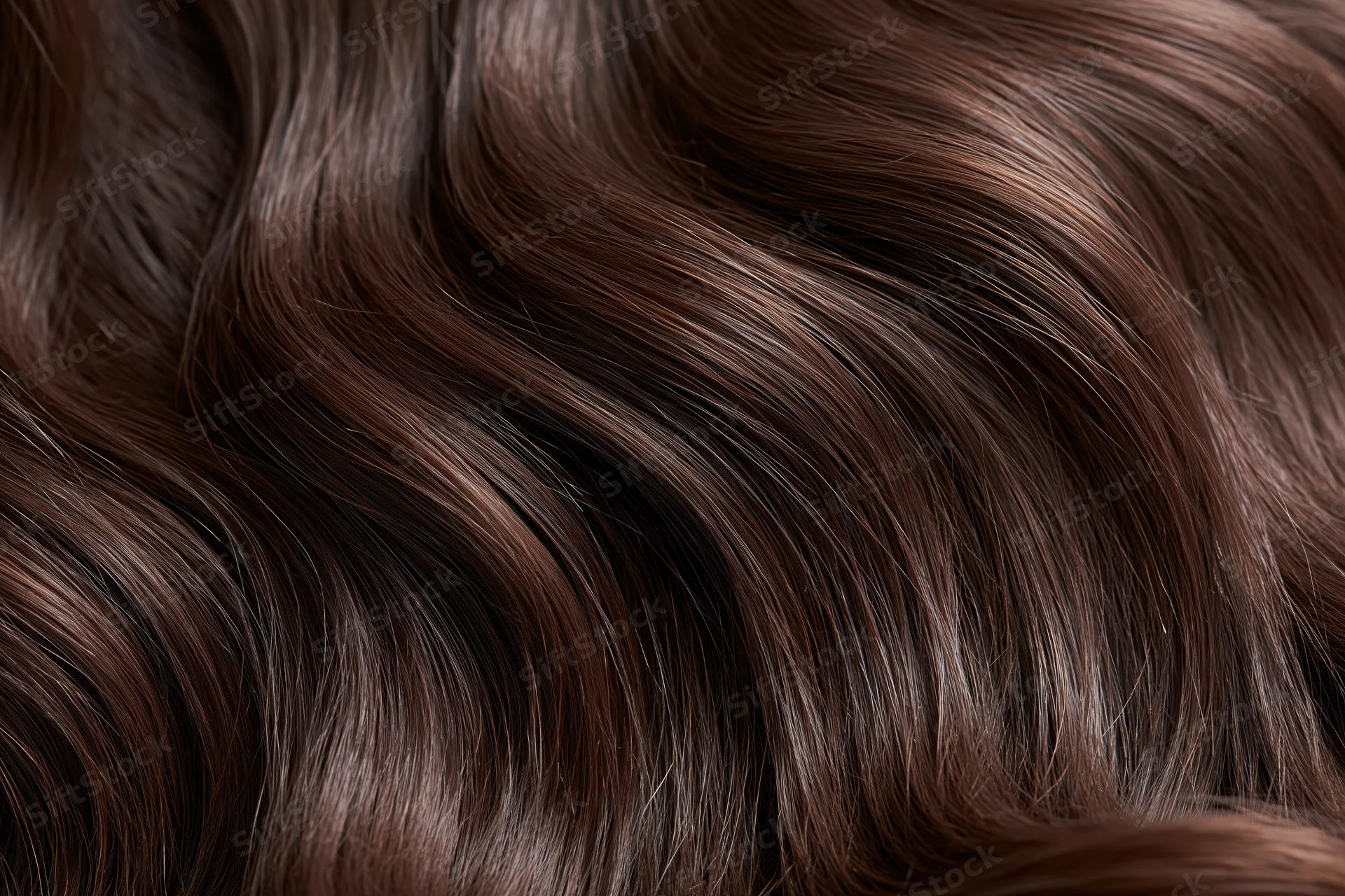 Close-up of wavy dark brown human hair filling the frame