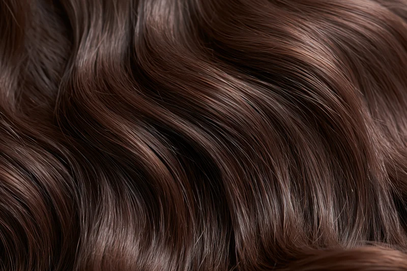 Close-up of wavy dark brown human hair filling the frame