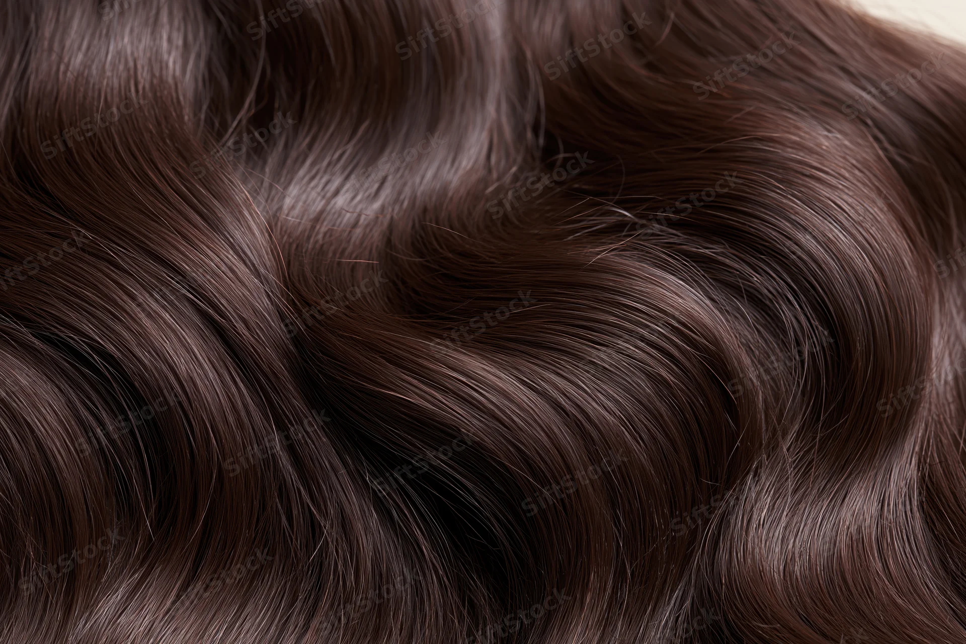 Close-up of wavy dark brown human hair filling the frame