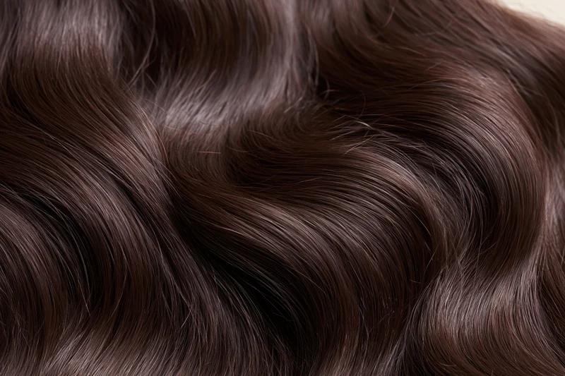 Close-up of wavy dark brown human hair filling the frame