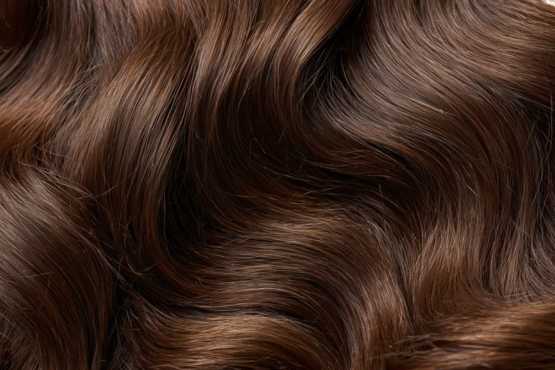 Close-up of wavy dark brown human hair filling the frame