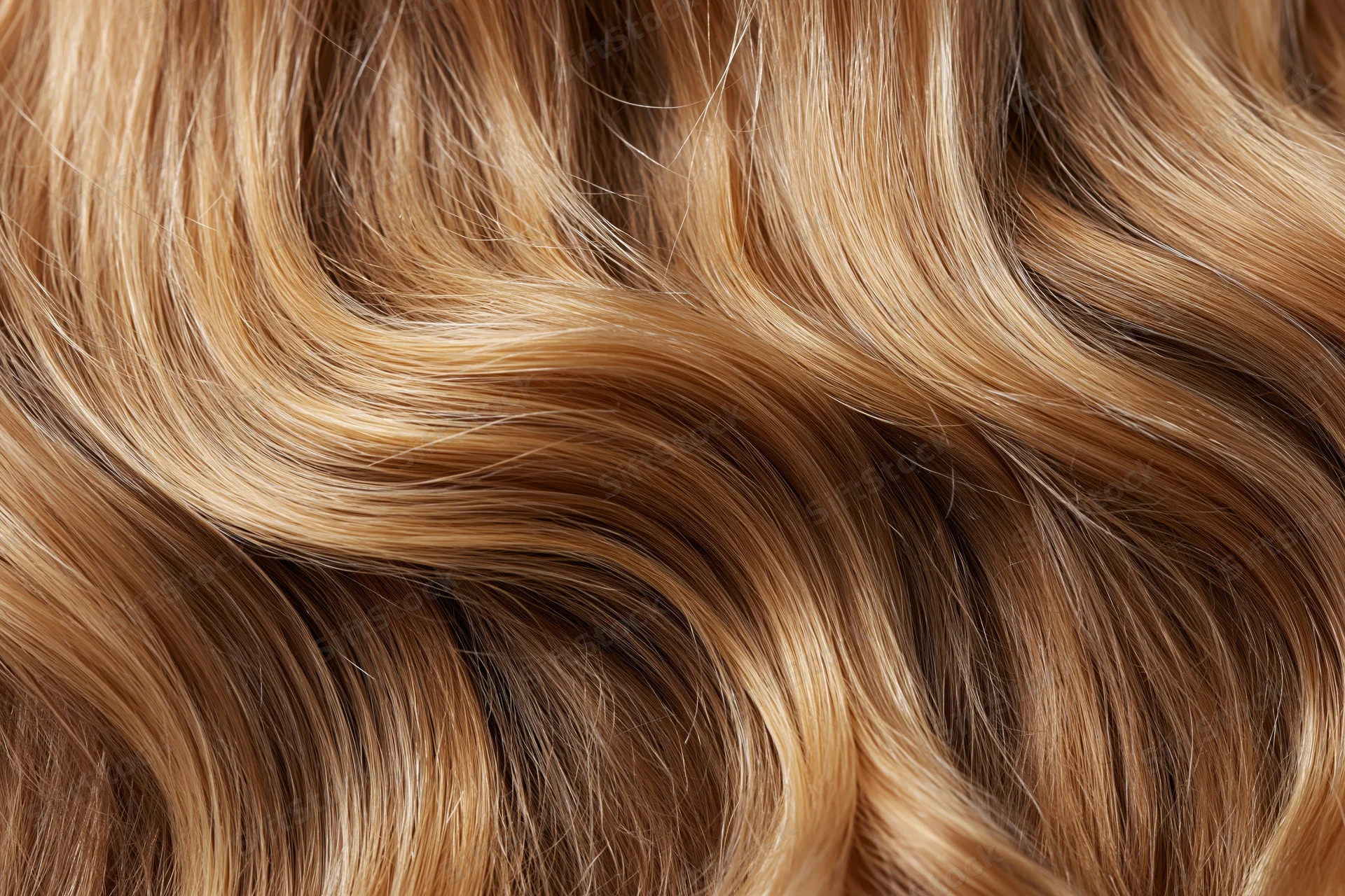 Close-up of wavy human hair with blonde and brown tones filling the frame