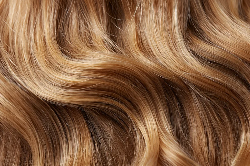 Close-up of wavy human hair with blonde and brown tones filling the frame