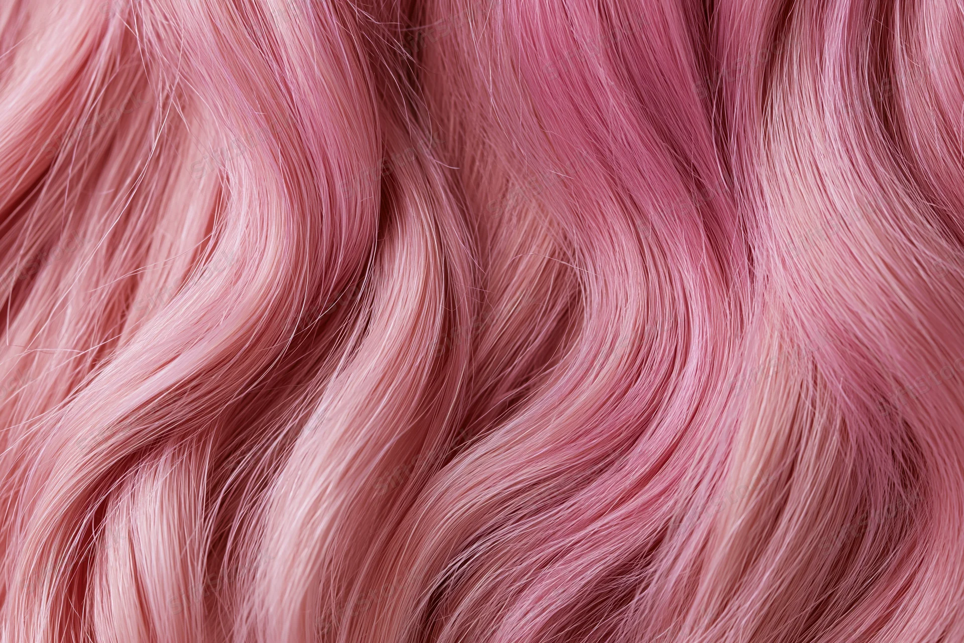Close-up of wavy pink-dyed human hair filling the frame