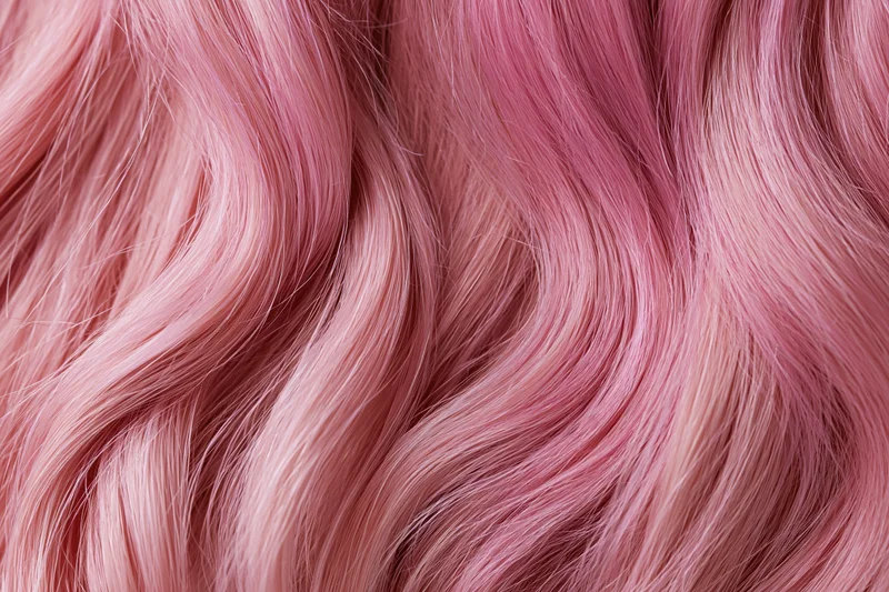 Close-up of wavy pink-dyed human hair filling the frame