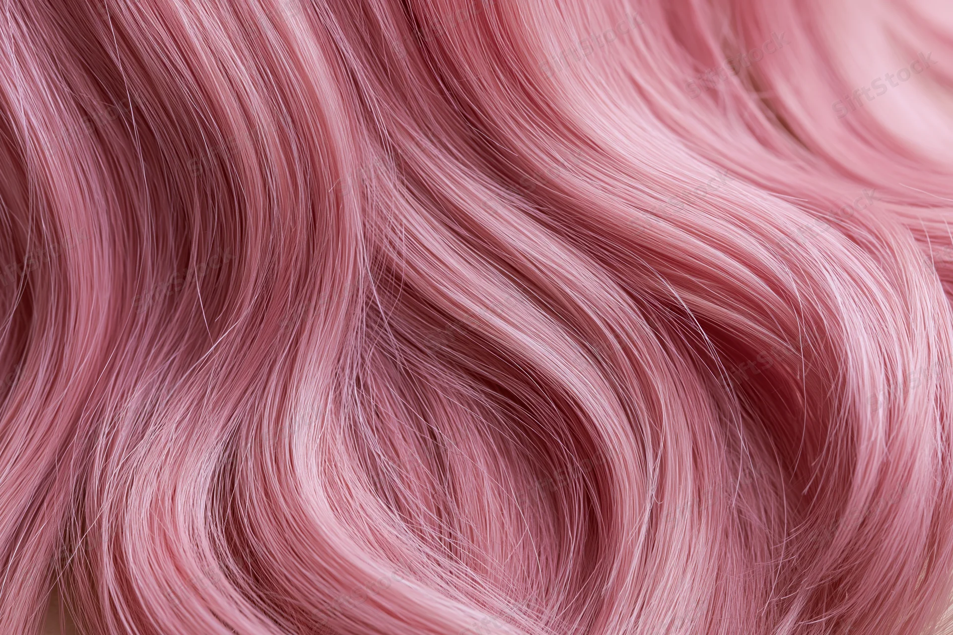 Close-up of wavy pink-dyed human hair filling the frame