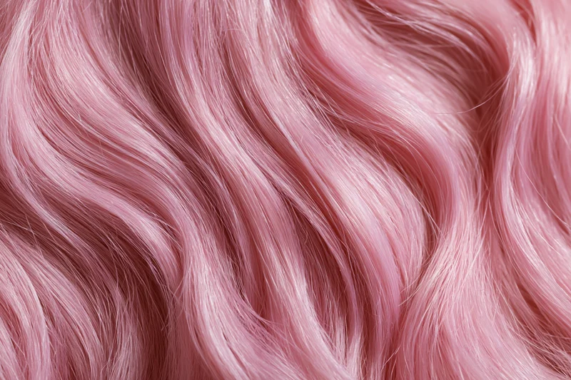 Close-up of wavy pink-dyed human hair filling the frame