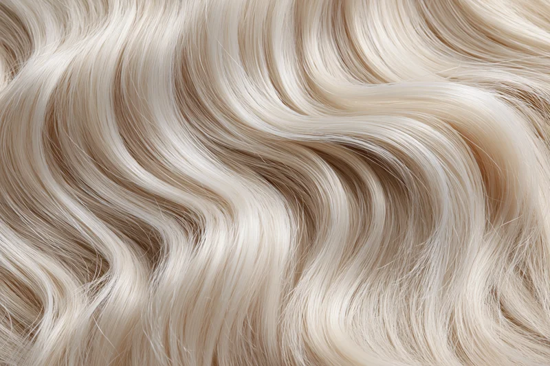Close-up of flowing platinum blonde hair with wavy texture