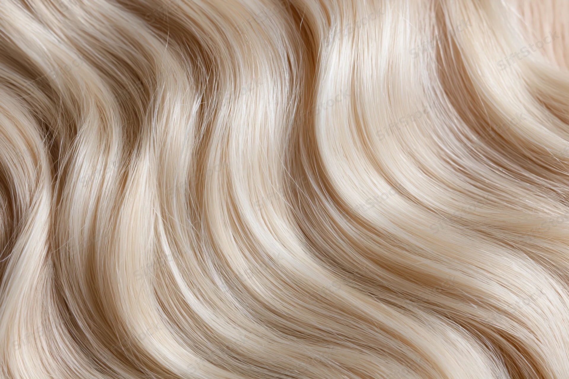 Close-up of flowing platinum blonde hair strands in soft wavy texture