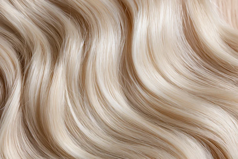 Close-up of flowing platinum blonde hair strands in soft wavy texture