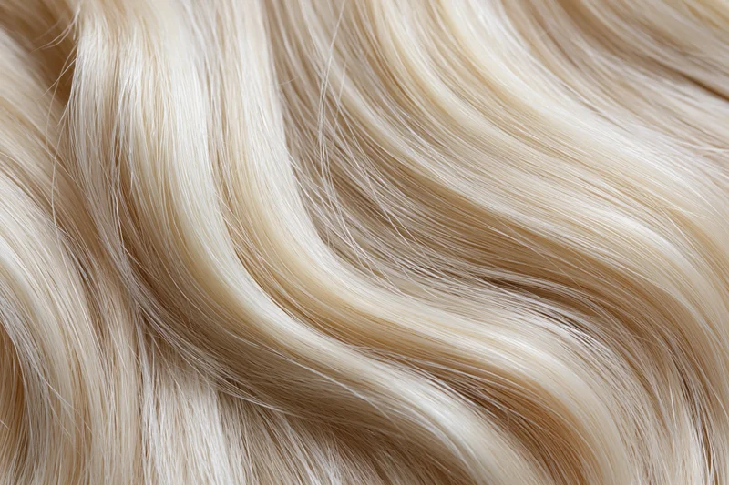 Close-up of flowing platinum blonde hair strands with smooth shiny texture
