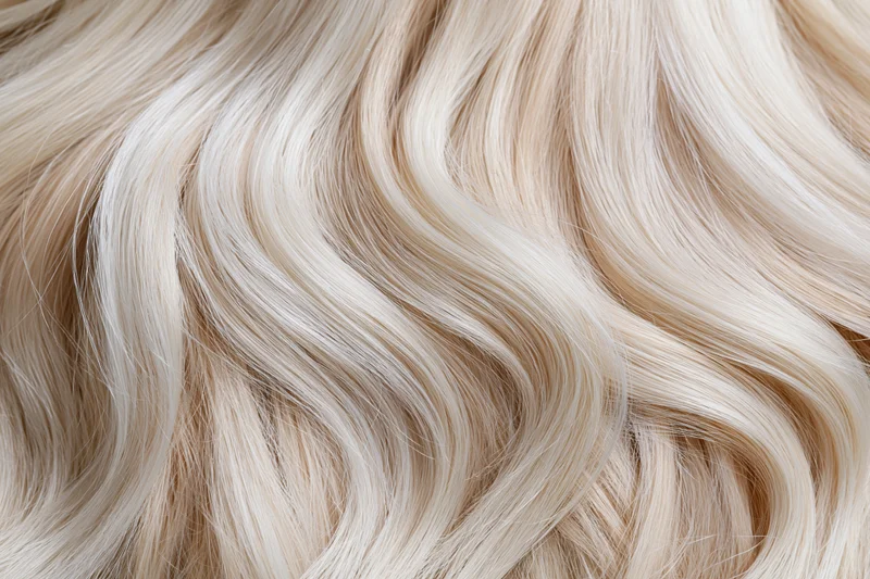 Close-up of flowing platinum blonde wavy hair texture