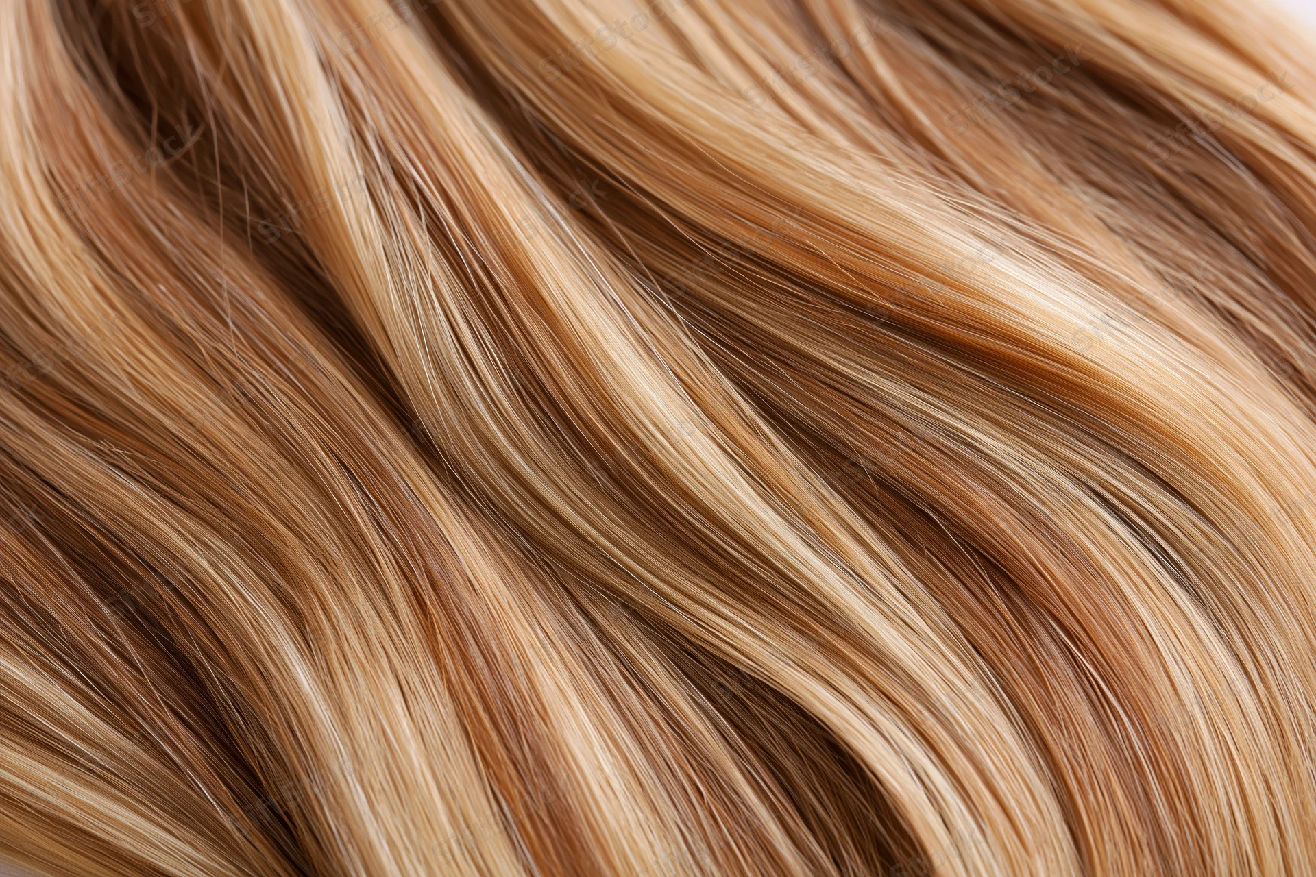Close-up of straight honey-blonde human hair showing texture and shine