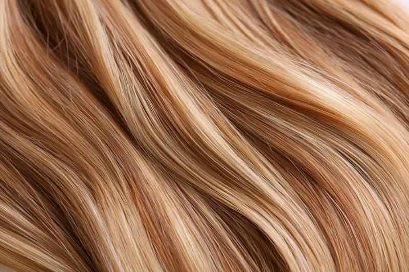 Close-up of straight honey-blonde human hair showing texture and shine