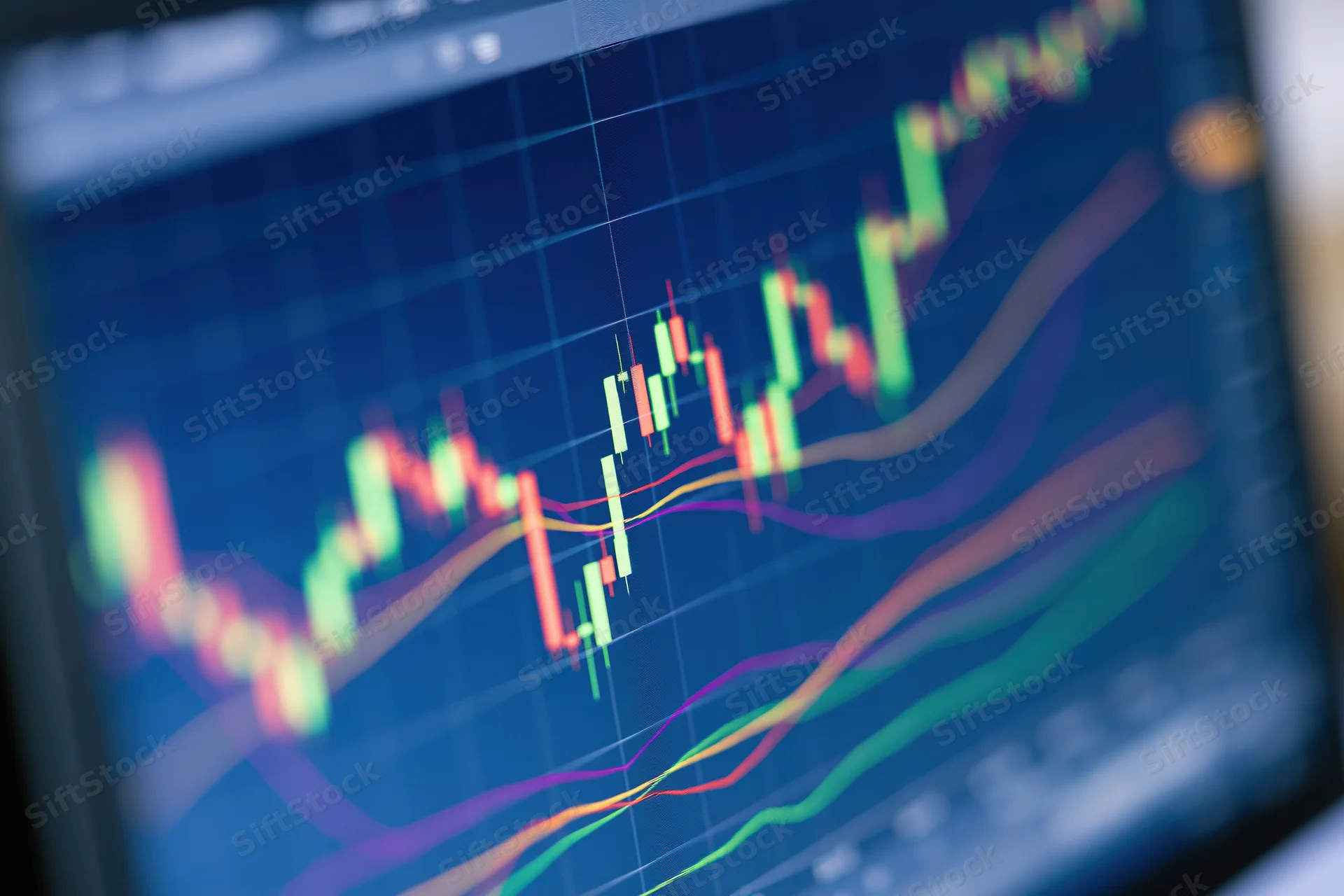 Close-up of a trading monitor screen displaying candlestick chart with moving averages and financial indicators