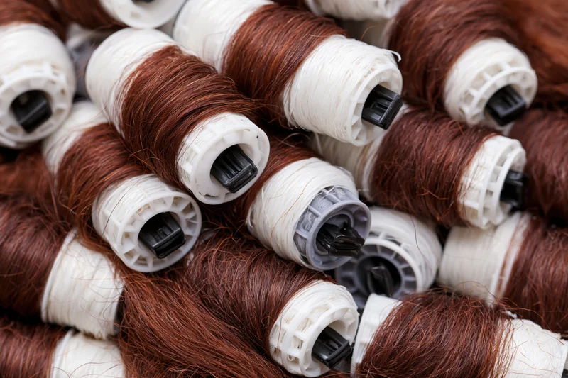 Close-up of auburn brown synthetic hair extensions wound on white plastic spools in a pile