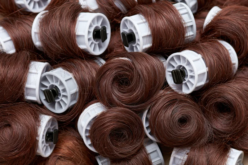 Auburn brown hair tightly wound on white spools in a pile
