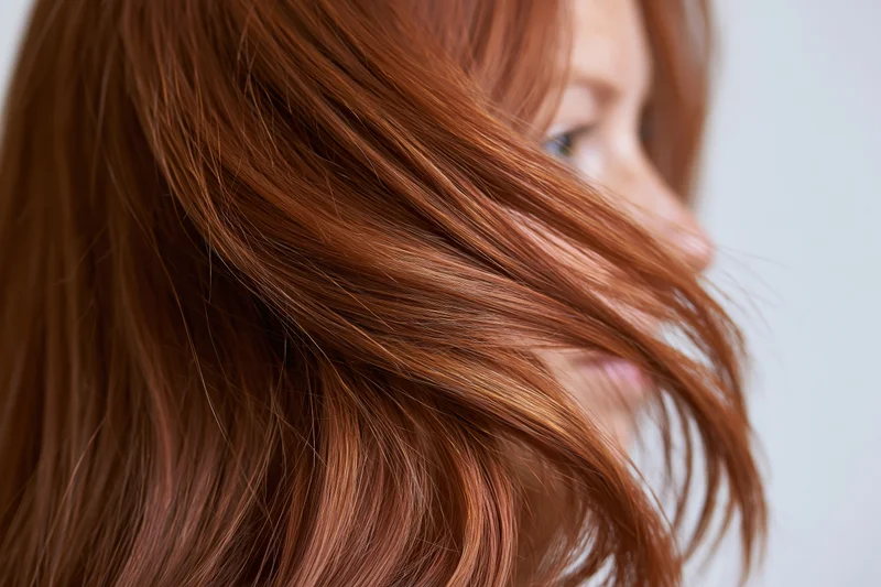 Close-up of flowing auburn red hair in motion on a woman's side profile