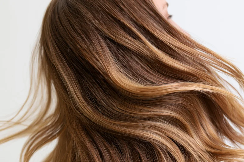 Close-up of flowing long brown hair with loose waves in motion, side profile view against white background