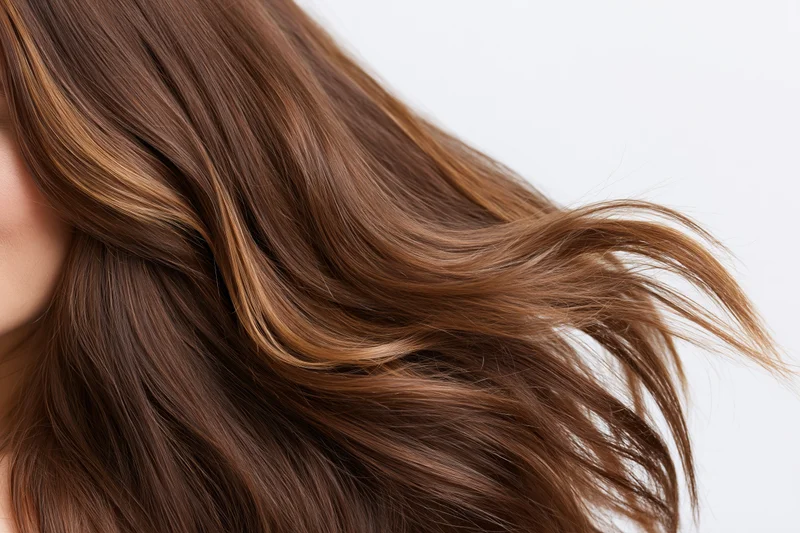 Close-up of flowing long brown hair with loose waves mid-movement against white background