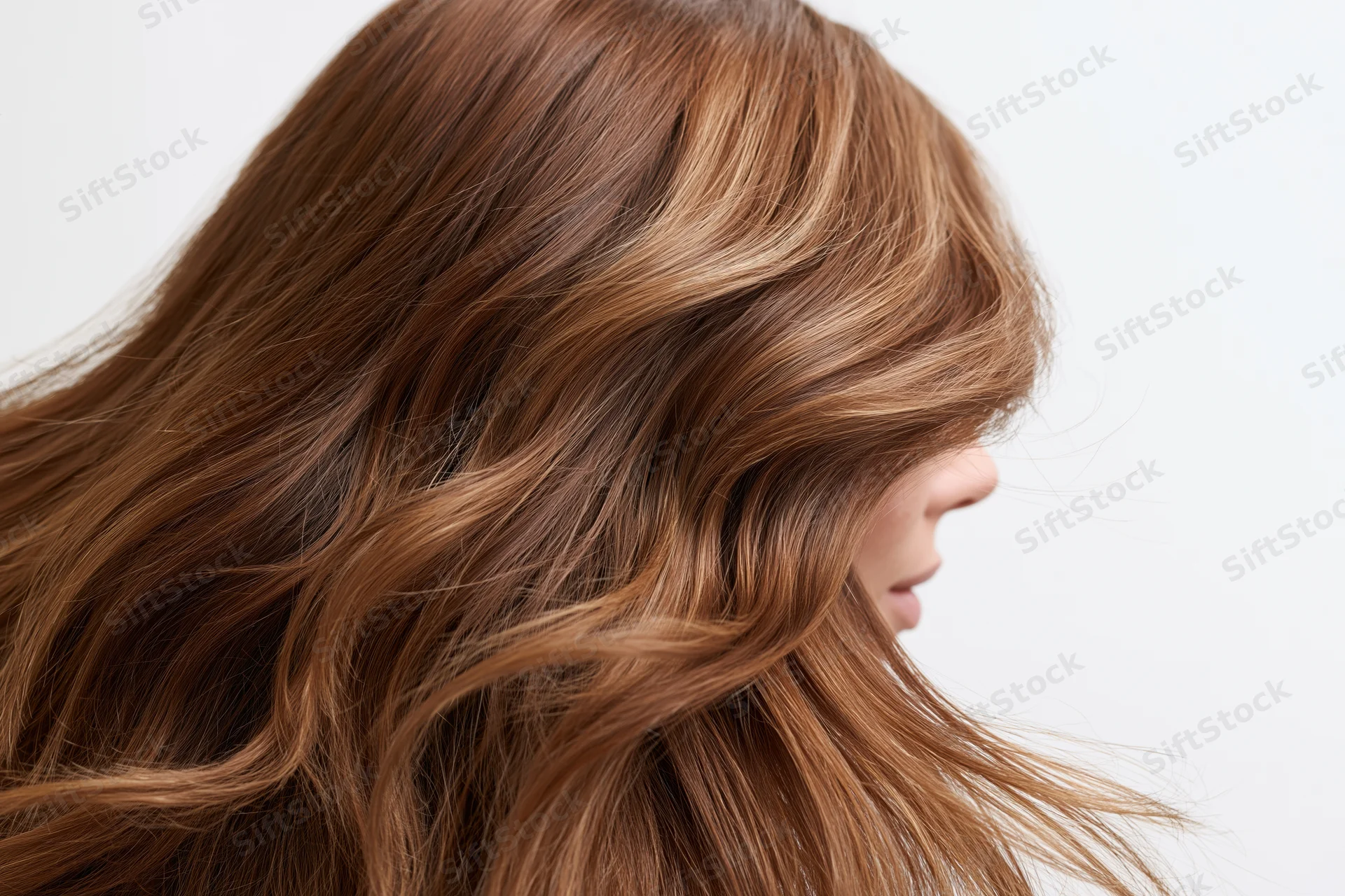 Woman with long flowing brown hair in loose waves, side profile view against white background
