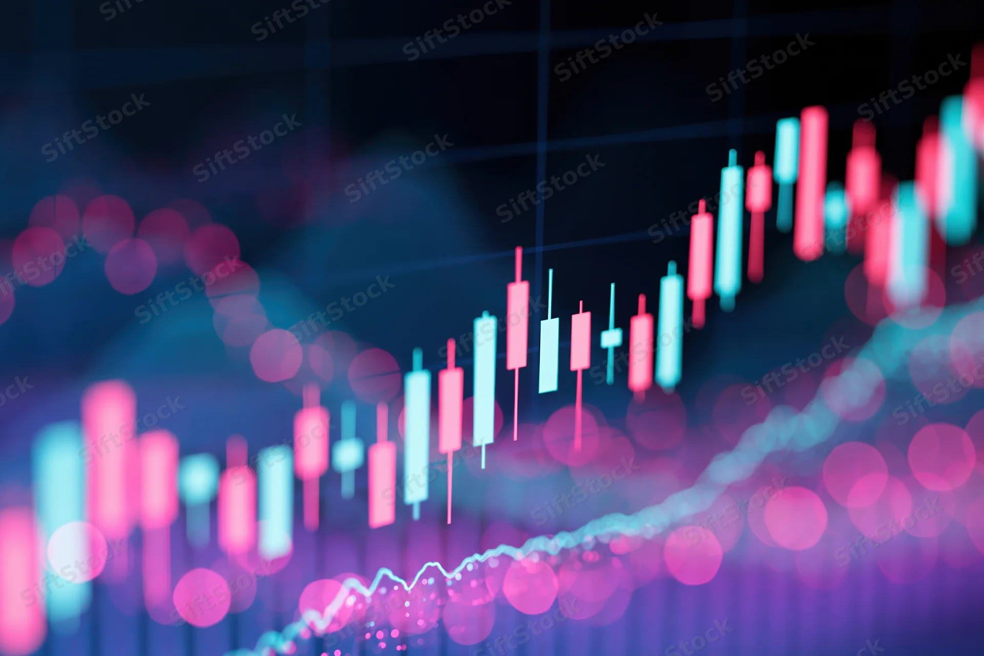 Glowing digital candlestick chart showing upward market trend on a screen