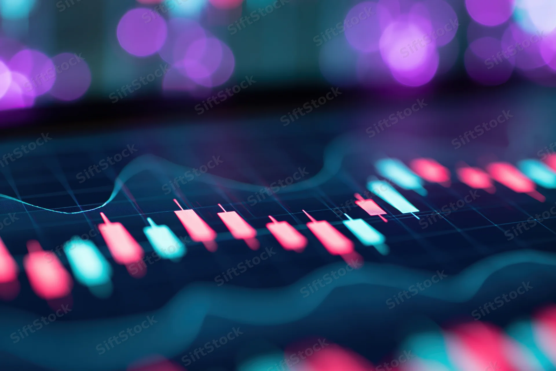 Digital candlestick chart glowing on a screen with blurred neon lights in the background