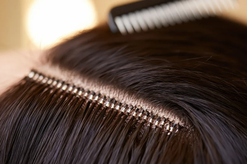 Close-up of hair extensions bonded along a section of scalp with a comb nearby