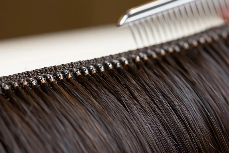 Close-up of dark hair extensions with bonds along a weft being combed