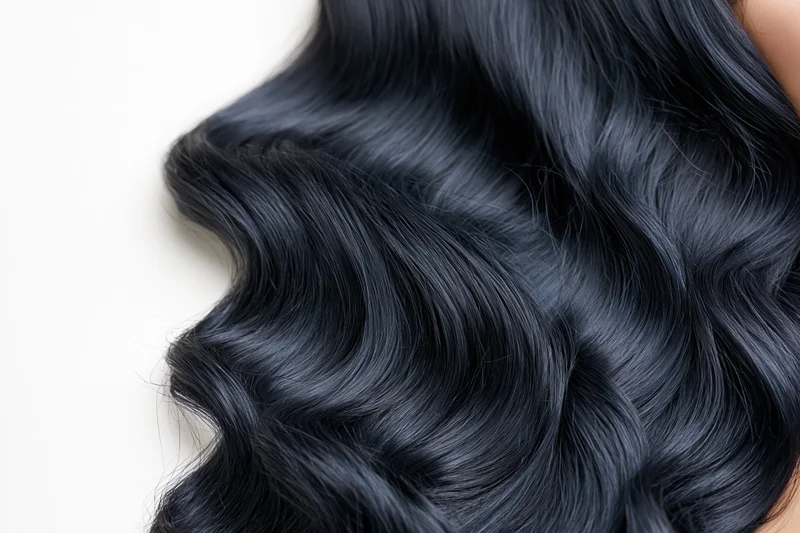 Close-up of long glossy black wavy hair spread across a clean white background
