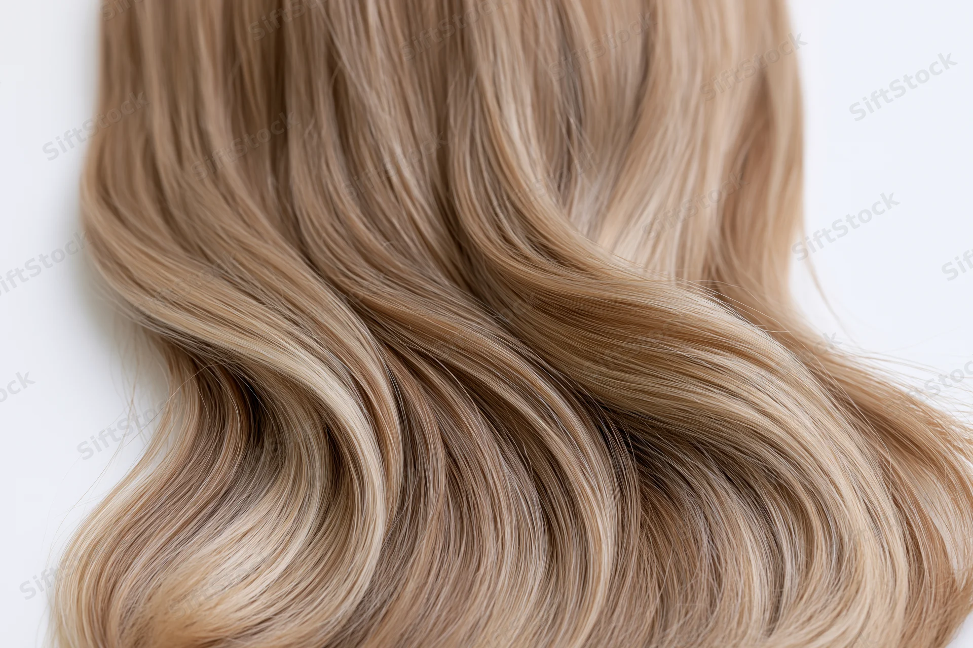 Close-up of loose wavy blonde hair strands arranged in soft flowing waves on white background