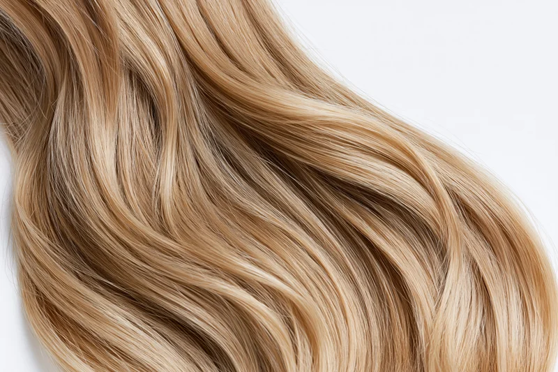 Close-up of loose wavy blonde hair strands arranged in soft flowing waves against white background