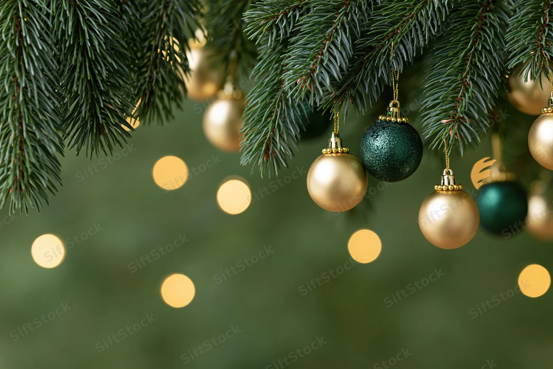 Pine branches with gold and green ornaments hanging against blurred holiday lights