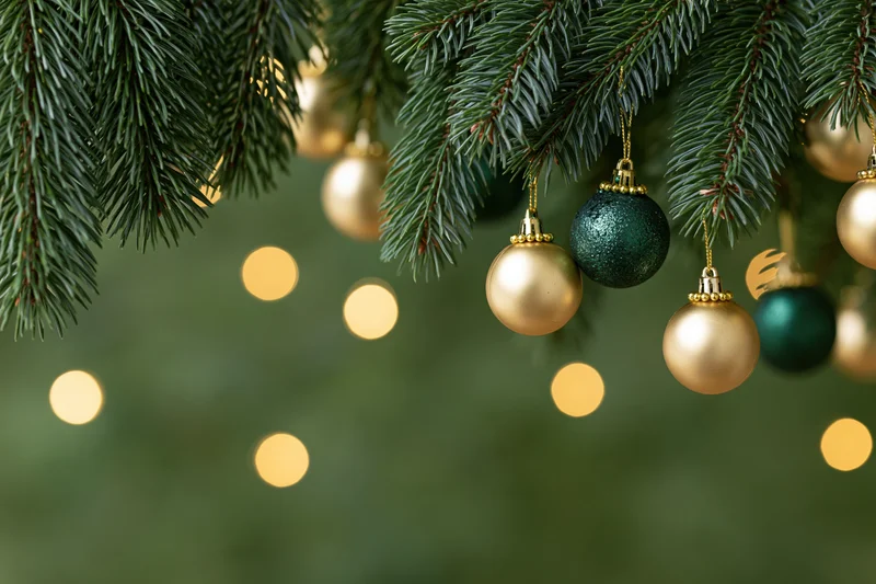 Pine branches with gold and green ornaments hanging against blurred holiday lights