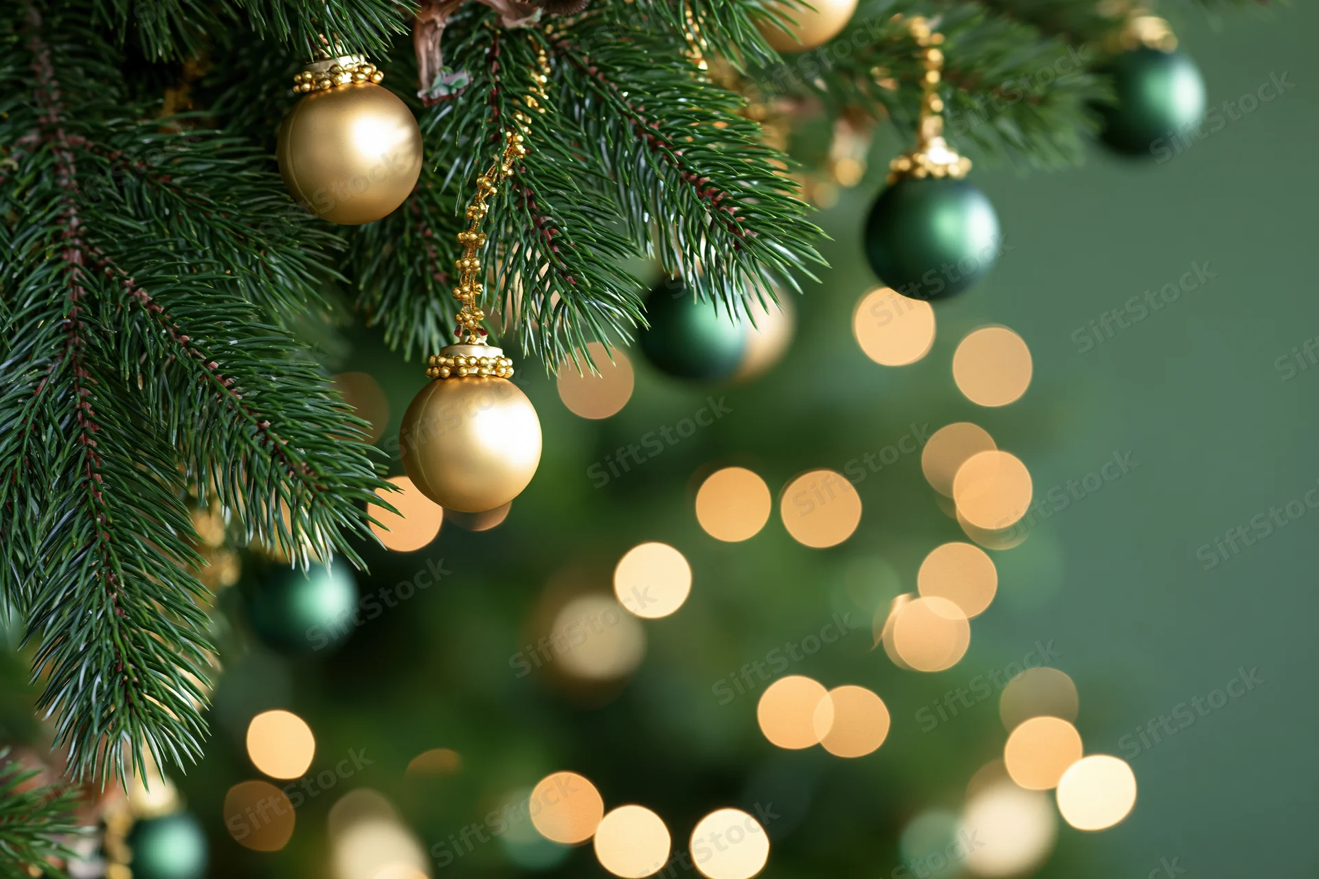 Close-up of pine branches with gold and green ornaments and blurred lights in the background