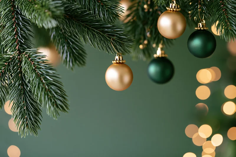 Pine branches with gold and green ornaments hanging against a blurred festive background with warm bokeh lights