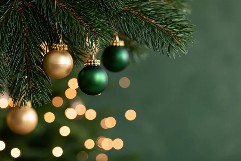 Pine tree branches with gold and green ornaments hanging against blurred warm lights and green background