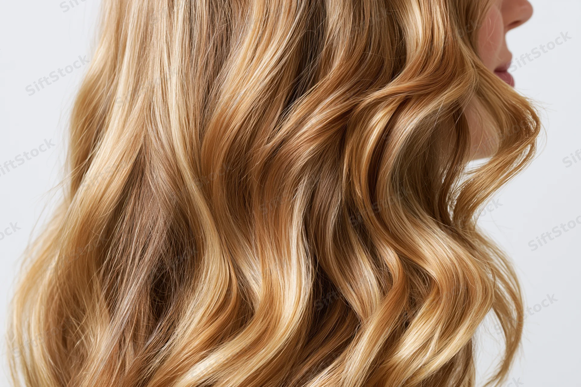 Close-up of thick wavy blonde hair with natural highlights on a woman's head