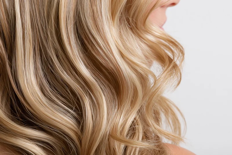 Close-up of thick wavy blonde hair with natural highlights on a woman's head