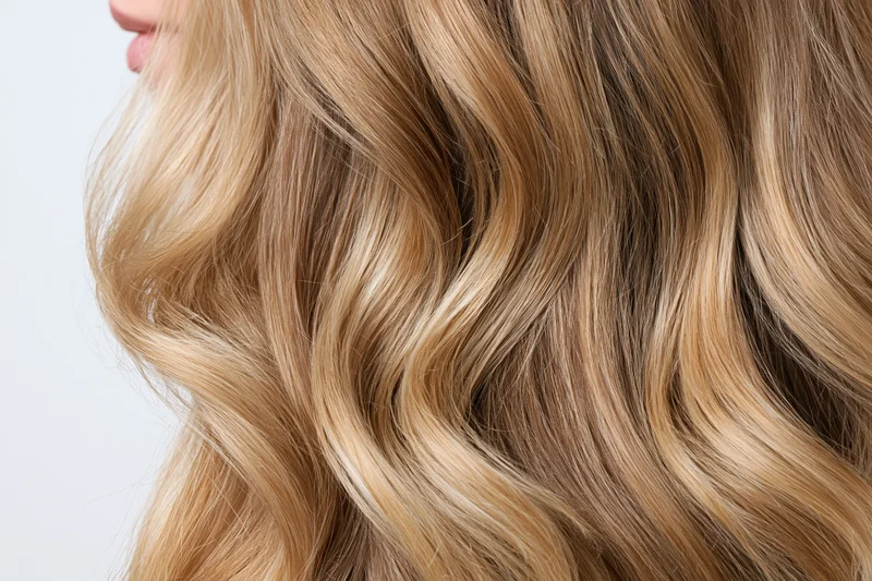 Close-up of thick wavy blonde hair with natural highlights on a woman's head against a plain background