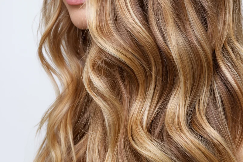 Close-up of thick wavy blonde hair with natural highlights on a woman