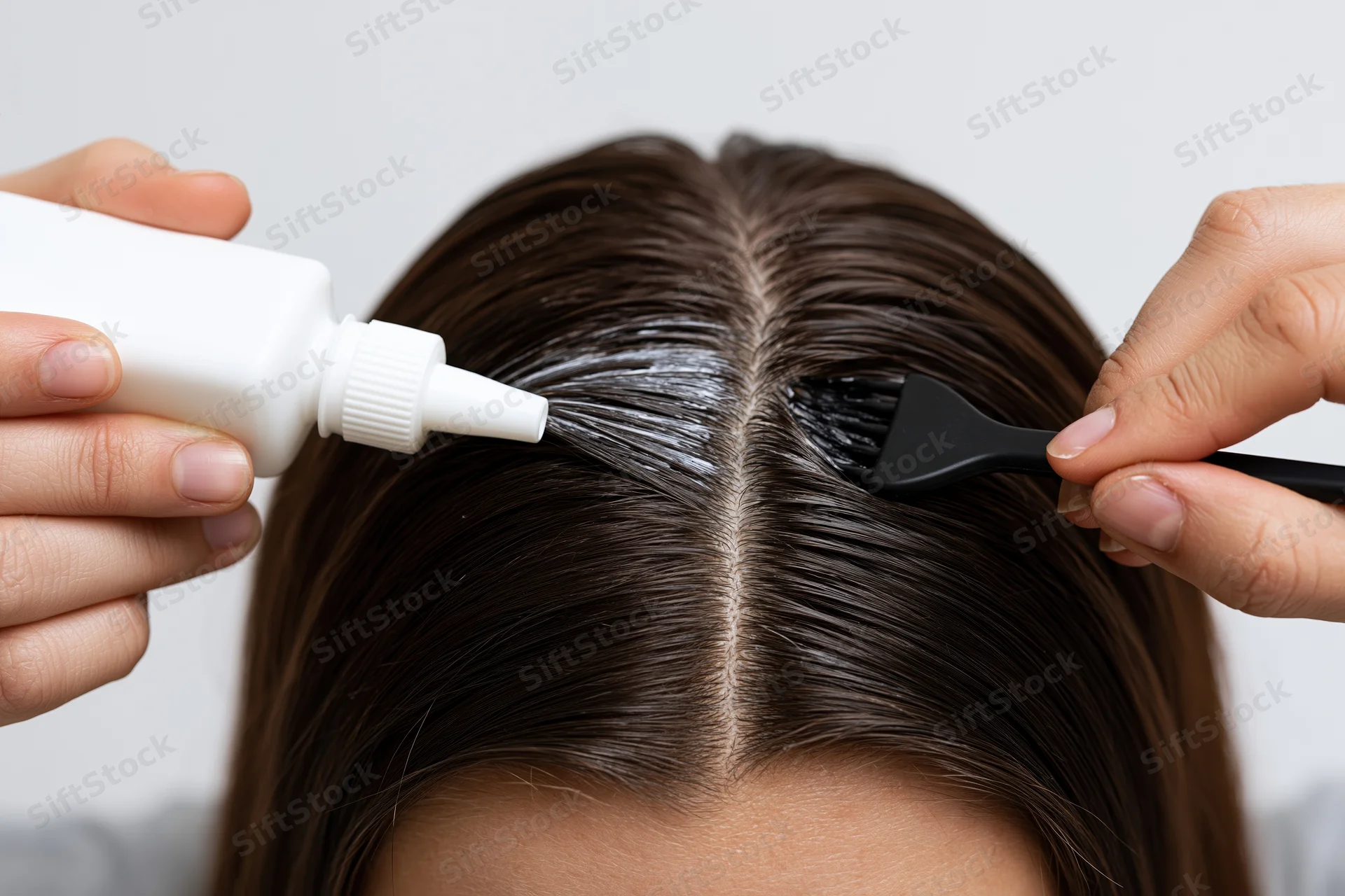 Hands applying hair dye to dark brown hair at parting