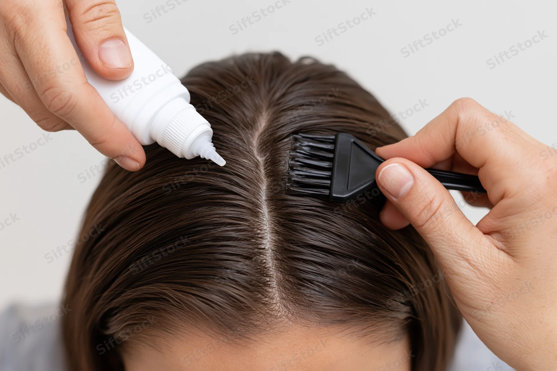 Hands applying hair dye with brush and bottle to dark brown hair at parting